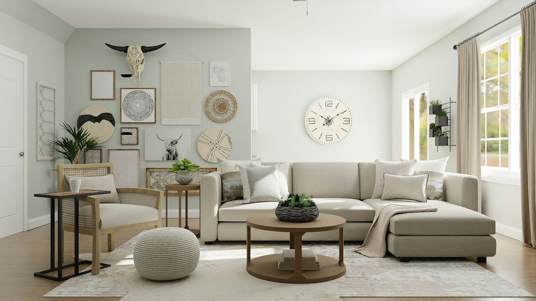 Không gian sống màu kem với bàn gỗ tròn, sofa và ánh sáng tự nhiên